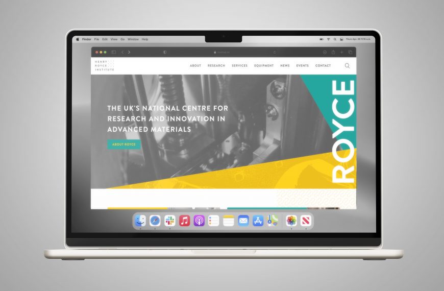 A mockup of the Henry Royce Institute Website displayed on a Macbook screen