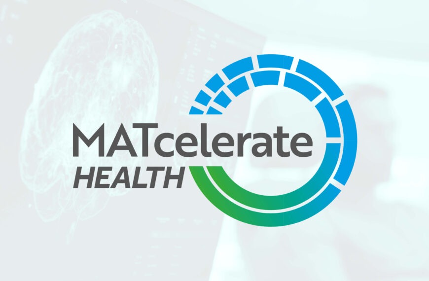 MATcelerate Health Logo overlayed on a healthcare image. The image features a brain scan and patient in a chair with bioelectronics equipment attached to their head.